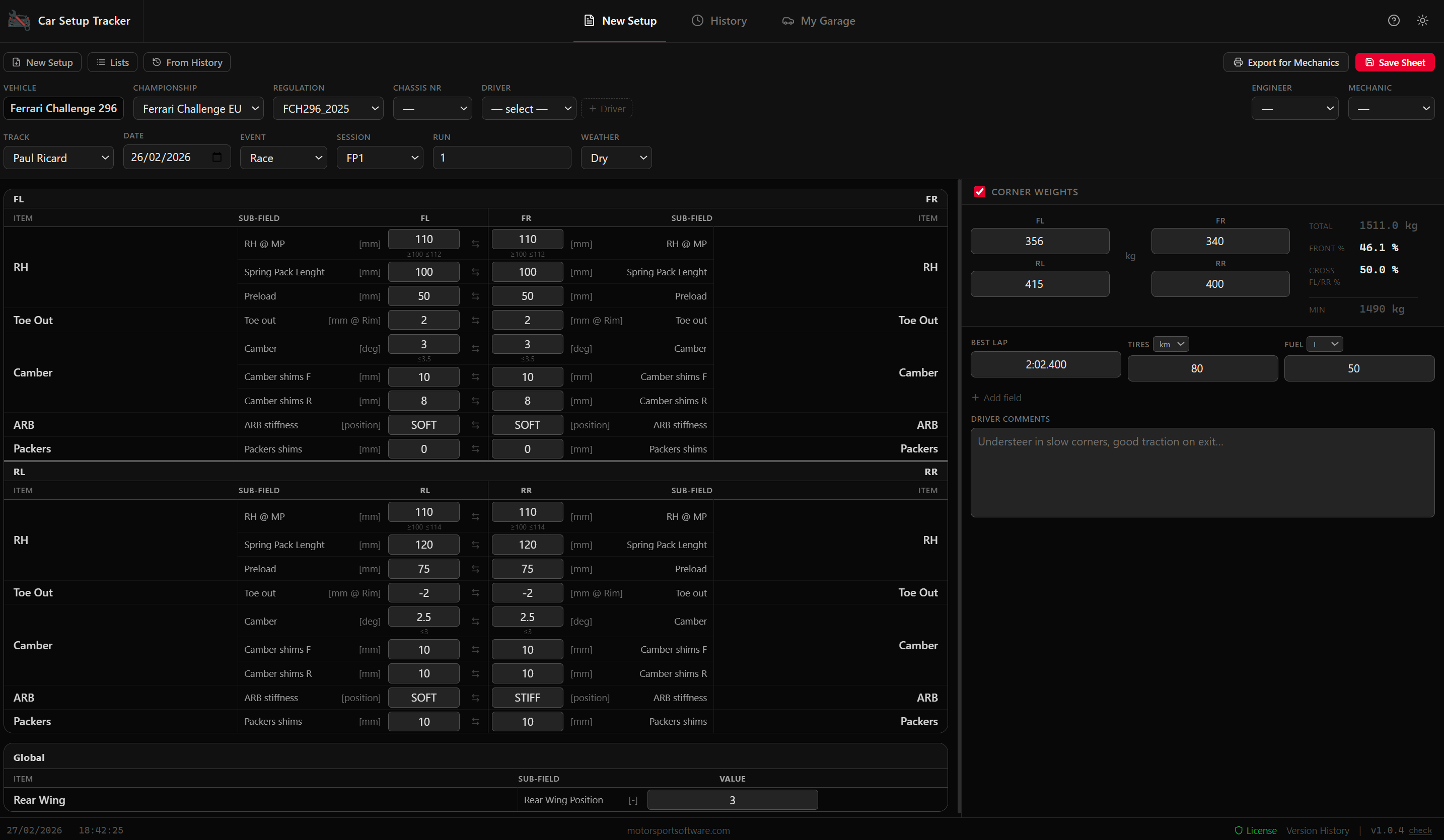 New Setup tab — butterfly layout editor with context header and run data