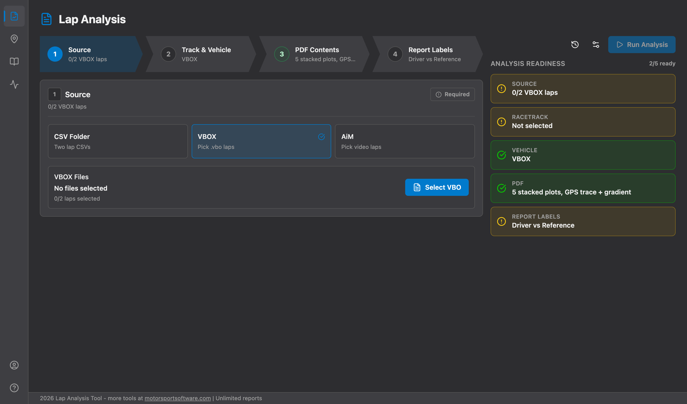 Lap Analysis VBOX source panel with Select VBO controls.