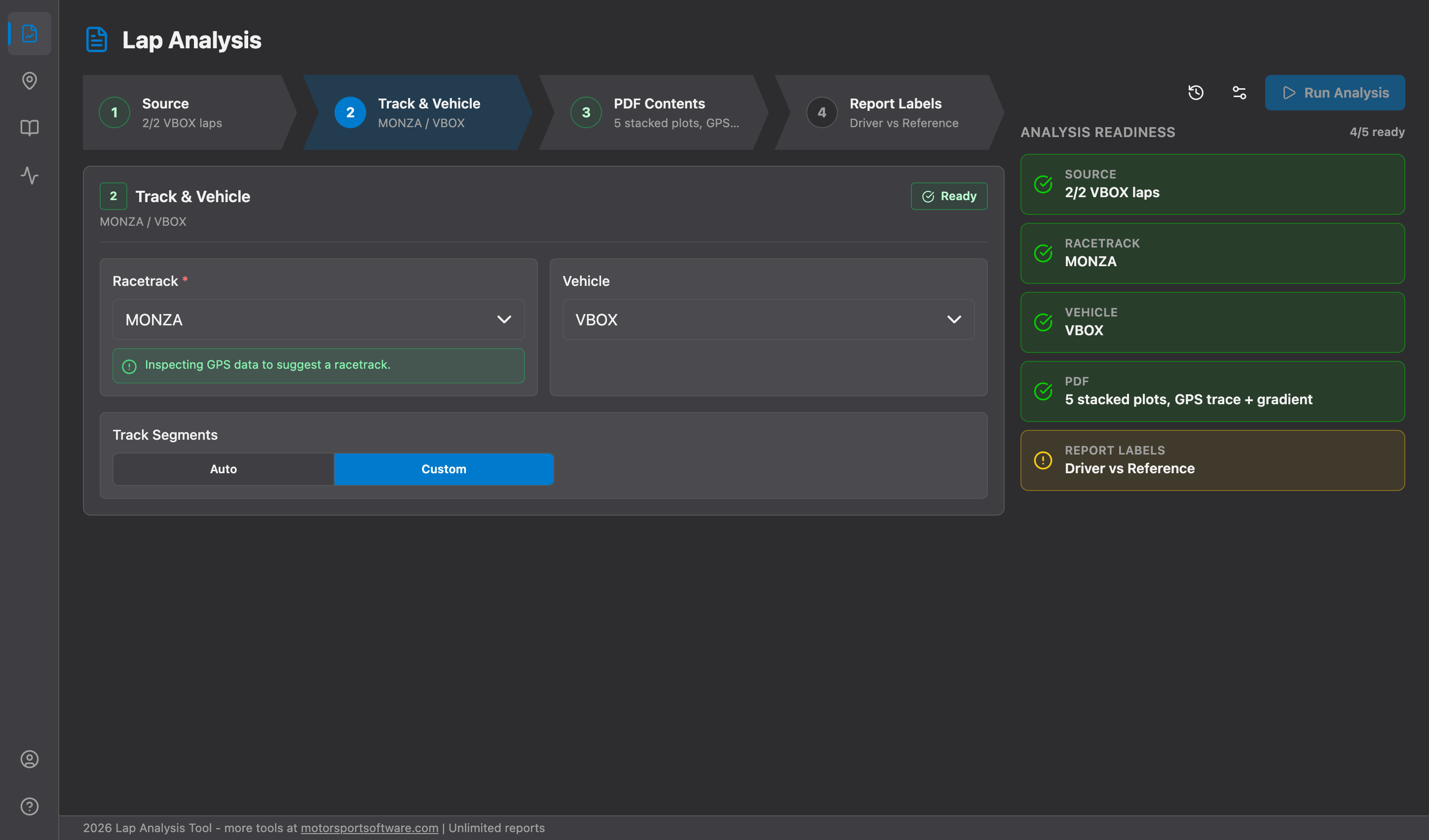 Track and vehicle setup screen with racetrack, vehicle source, and track segment controls.