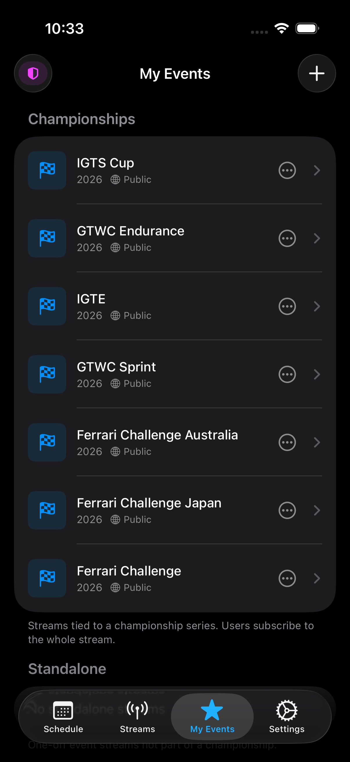 TimeTool iOS My Events screen showing championship streams