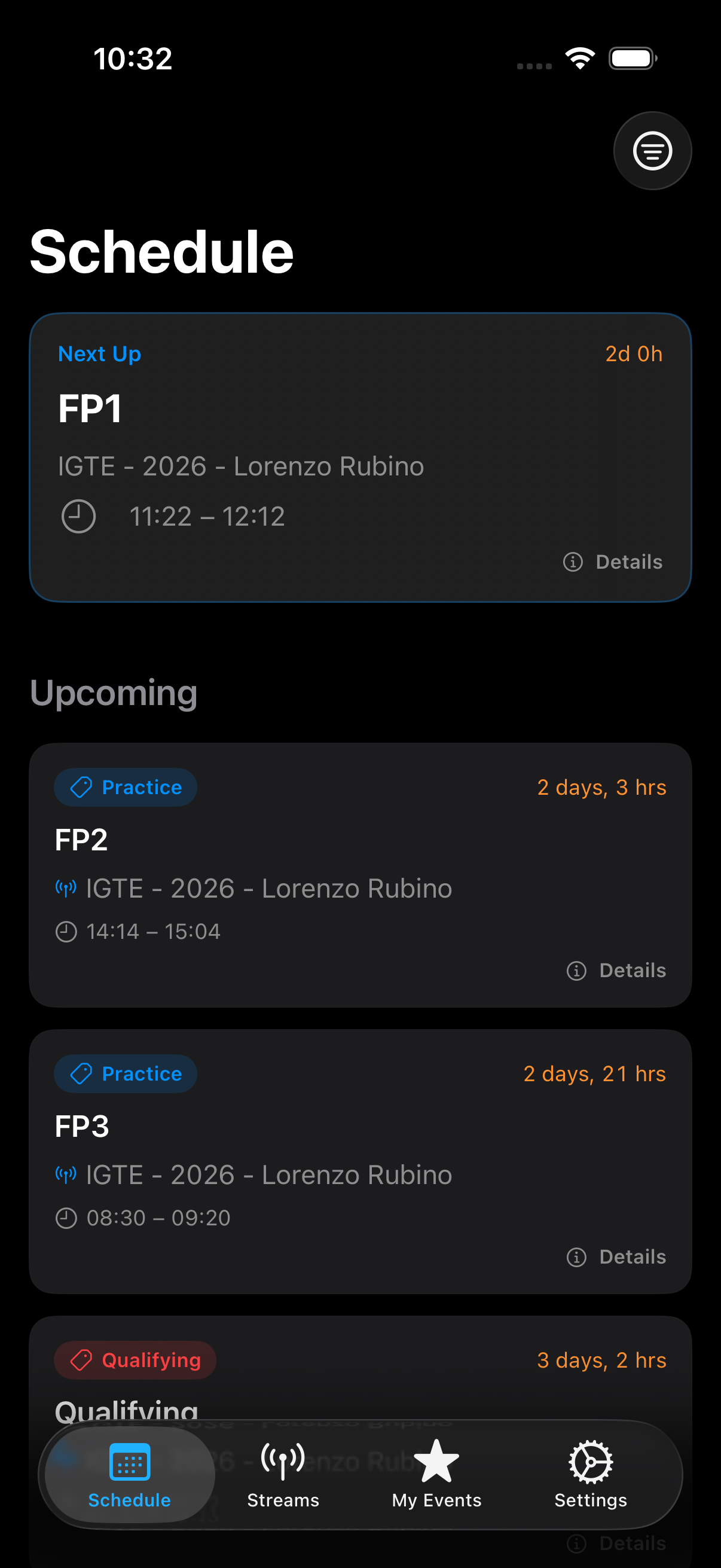 TimeTool iOS schedule screen showing the next event and upcoming sessions